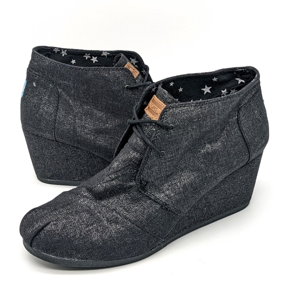 Toms Desert Metallic Black Wedge Linen Ankle Boots Women's Size 11. - Picture 1 of 6